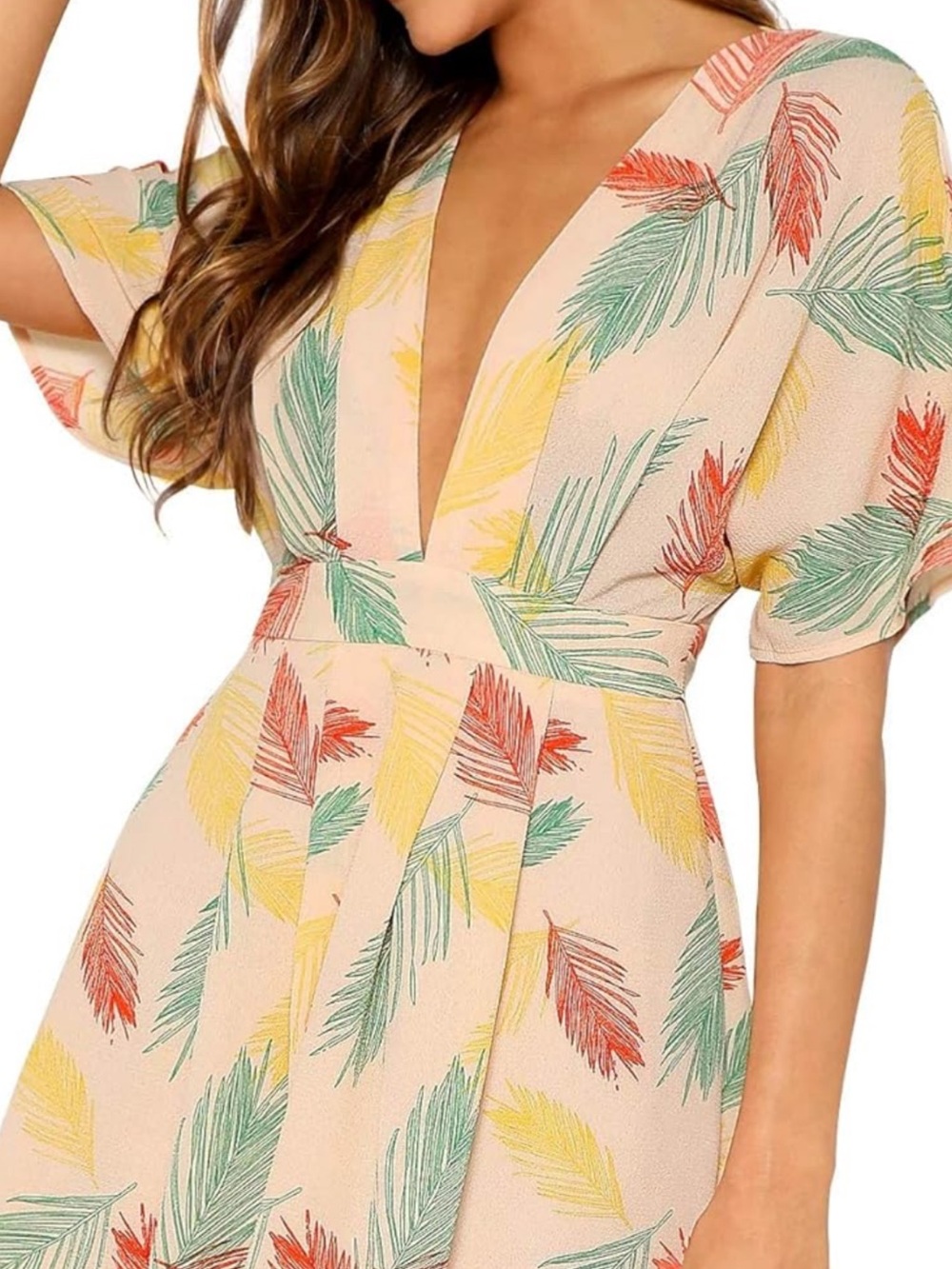 Deep V-Neck Floral Feather Print Summer Dress - Beige